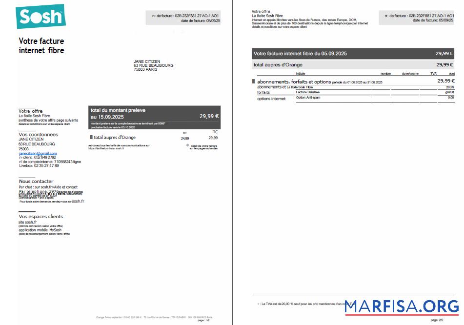 Blank France Sosh utility bill template in Word and PDF formats, 2 pages